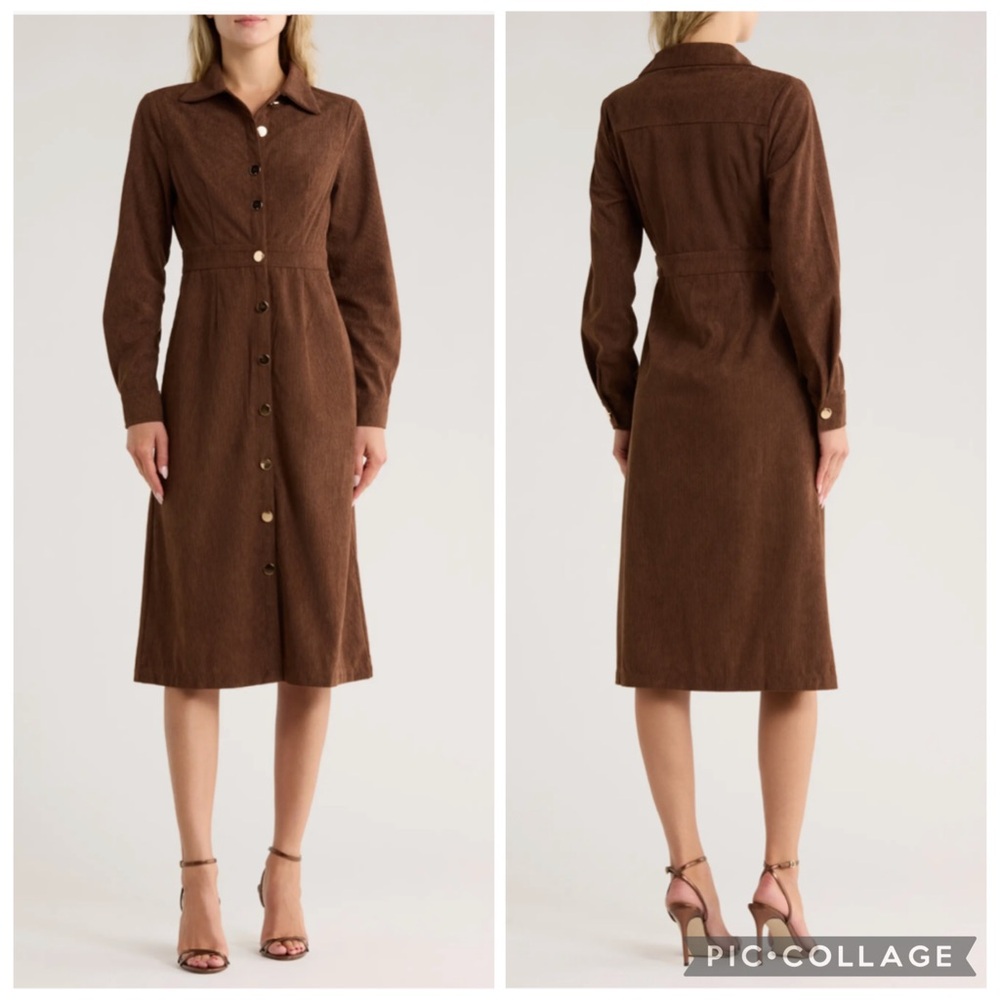 Area Stars Dion Long Sleeve‎ Corduroy Shirt Dress Brown M